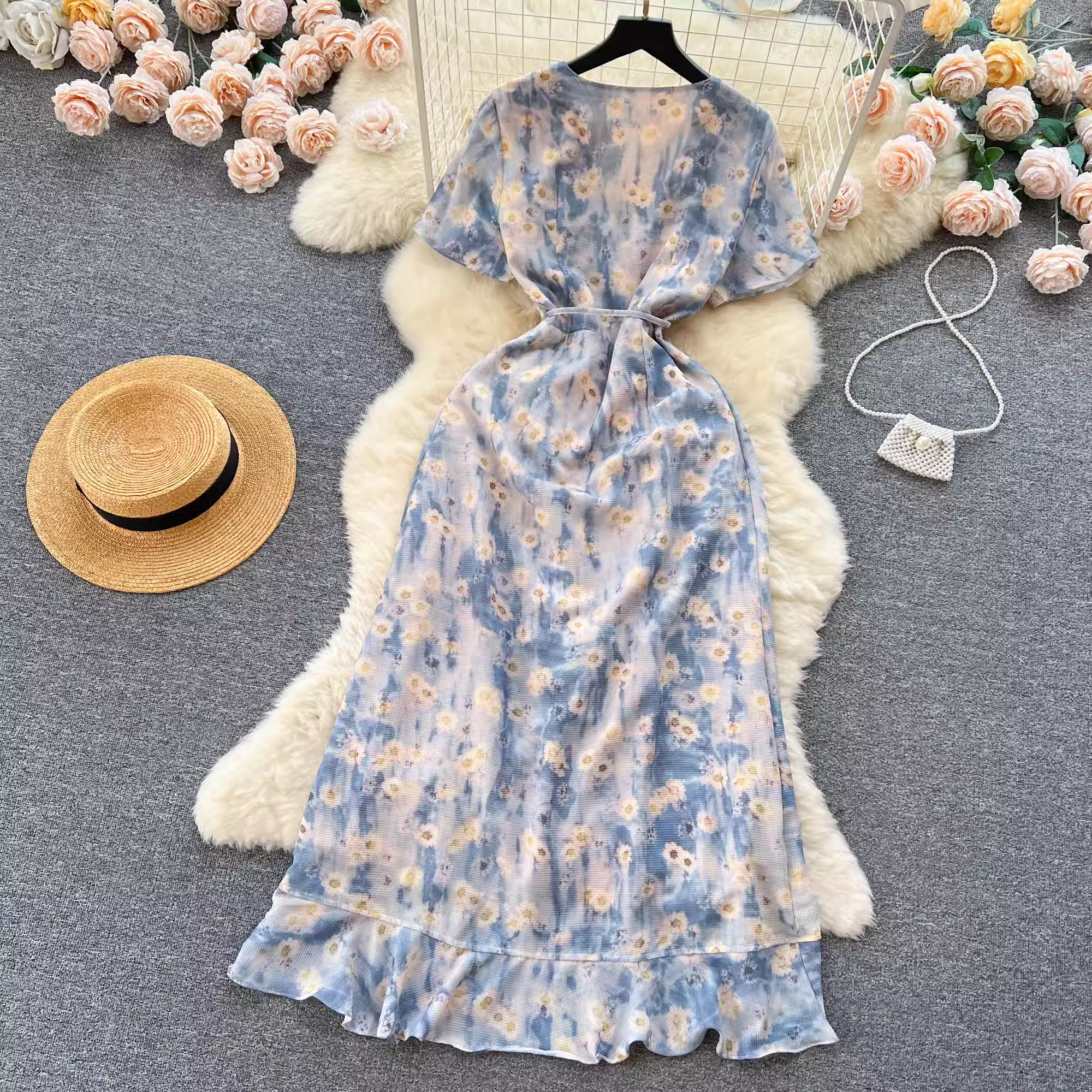 Women's Irregular Ruffled Floral Chiffon Dress ,