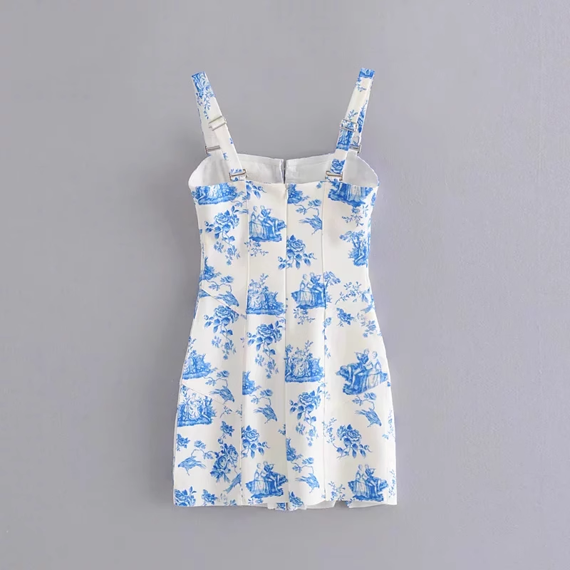 Retro printed blue and white porcelain hook buckle detachable suspender dress