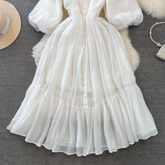 Retro palace-style lantern long-sleeved V-neck waist slimming A-line white dress elegant long skirt