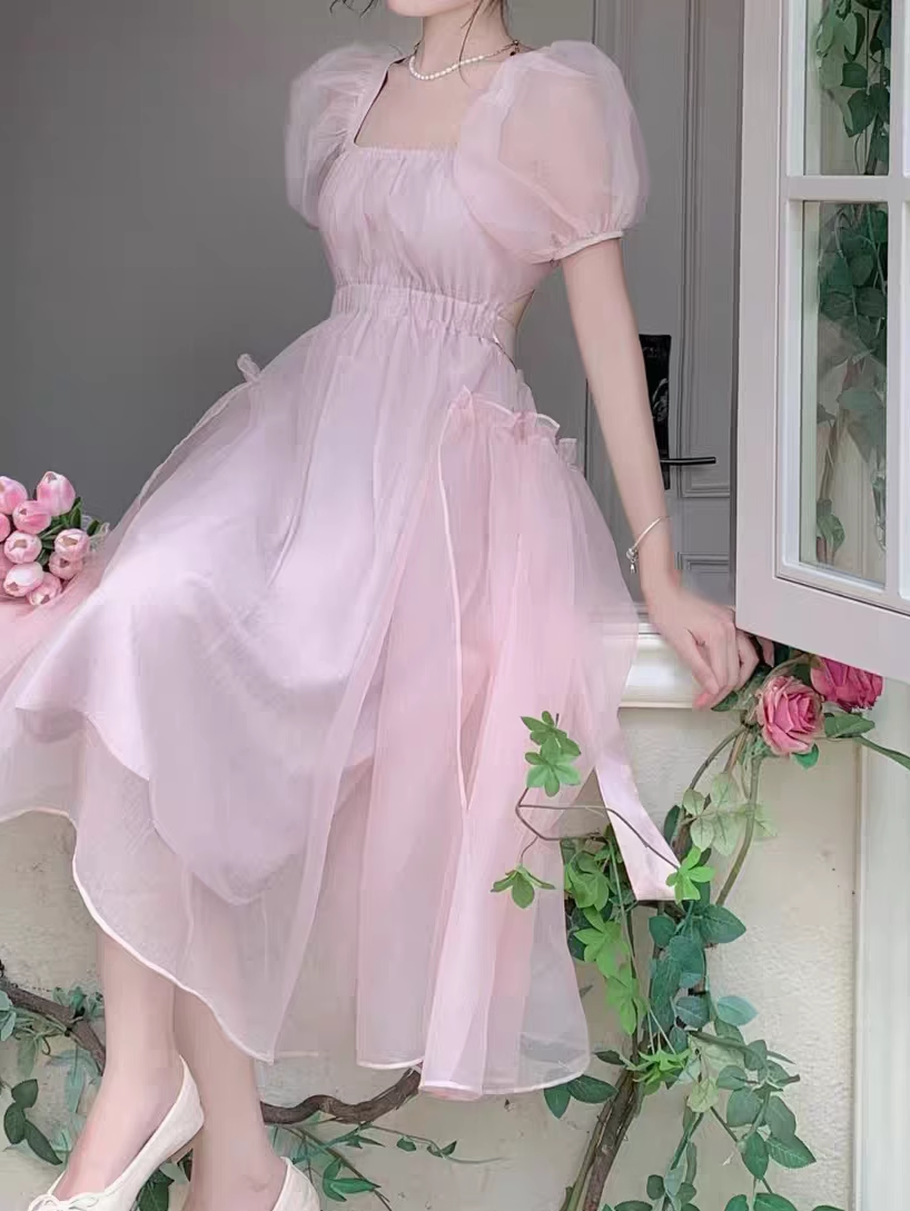 Pink backless dress for women summer puff sleeve long dress