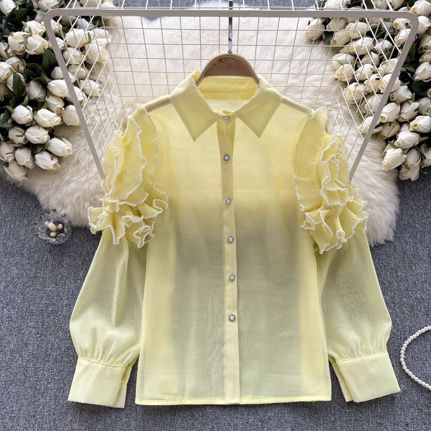 women's summer three-dimensional flower long sleeve mesh blouses