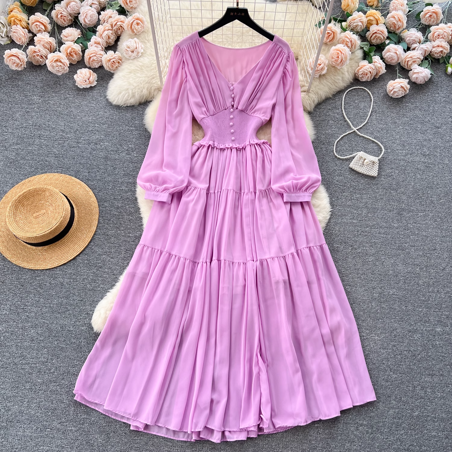 Elegant V-neck long-sleeved waist chiffon dress