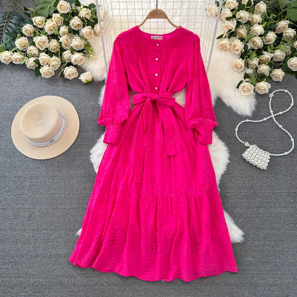 Women's long-sleeved round neck a-line embroidered hollow dress