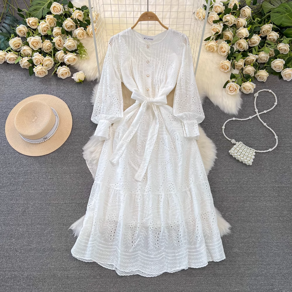 Women's long-sleeved round neck a-line embroidered hollow dress