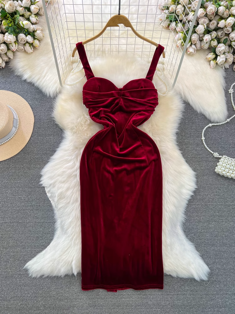 women's mid-length velvet suspender dress