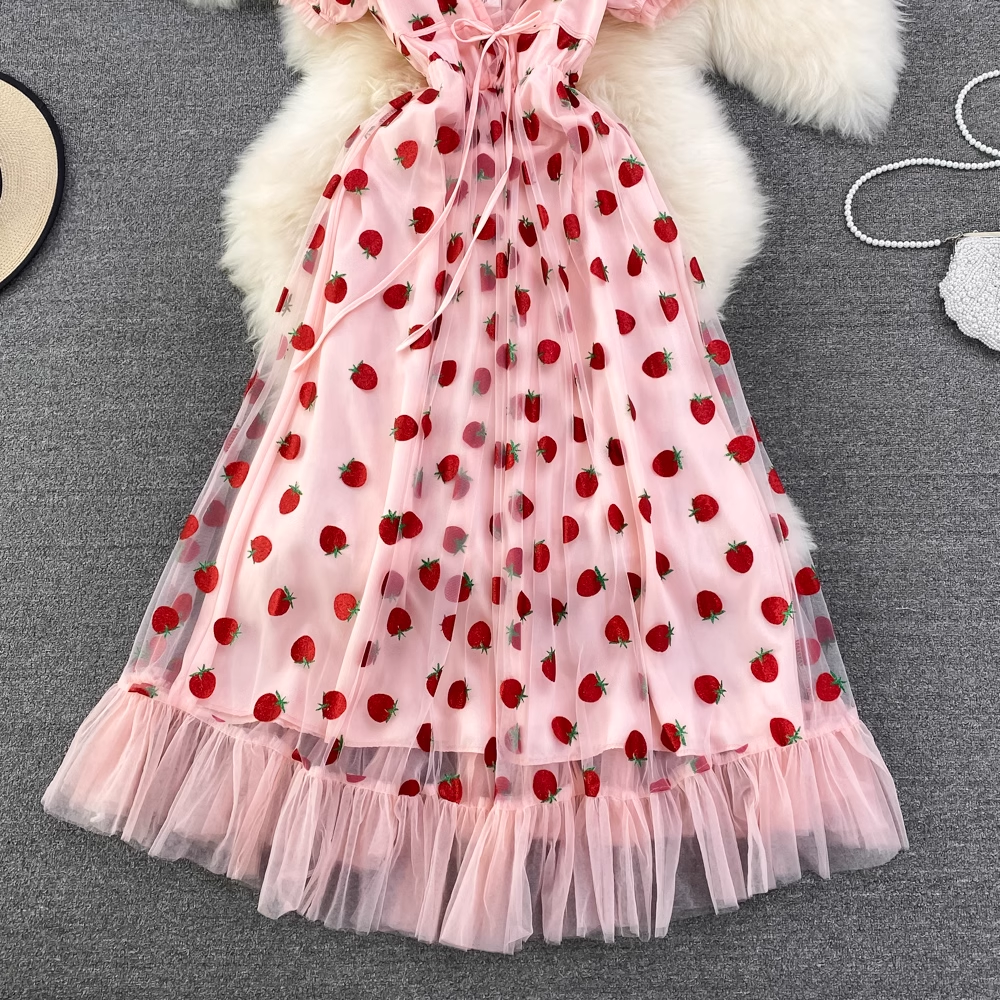 Strawberry V Neck Tulle Summer Dress ,