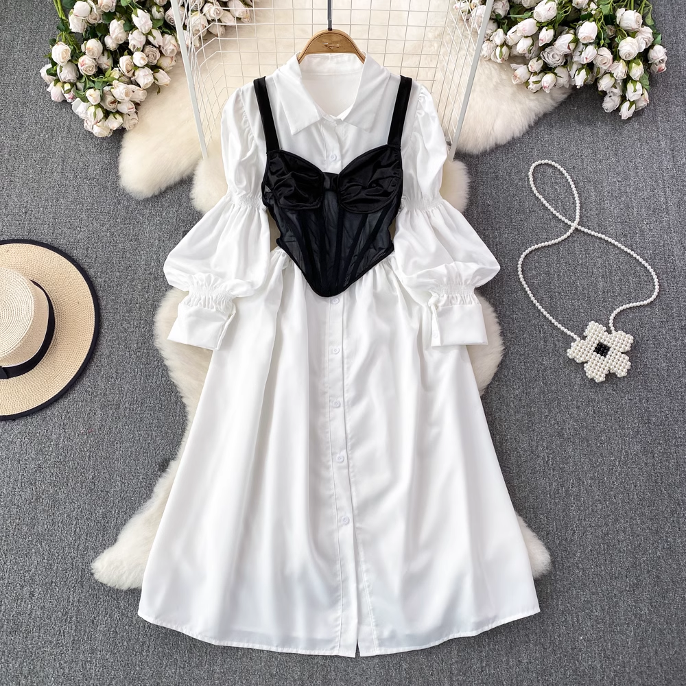 Lantern long-sleeved lapel single-breasted a-line shirt dress two-piece set PU leather suspender vest