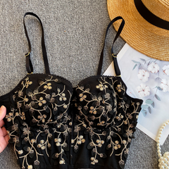 Stylish black lace vest petal lace tops,