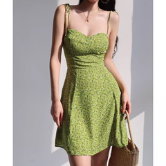 women's summer green printed suspender dress