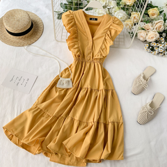 Vintage V-neck ruffled sleeveless Summer Dress,