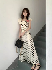 Women's summer square neck polka dot satin dress