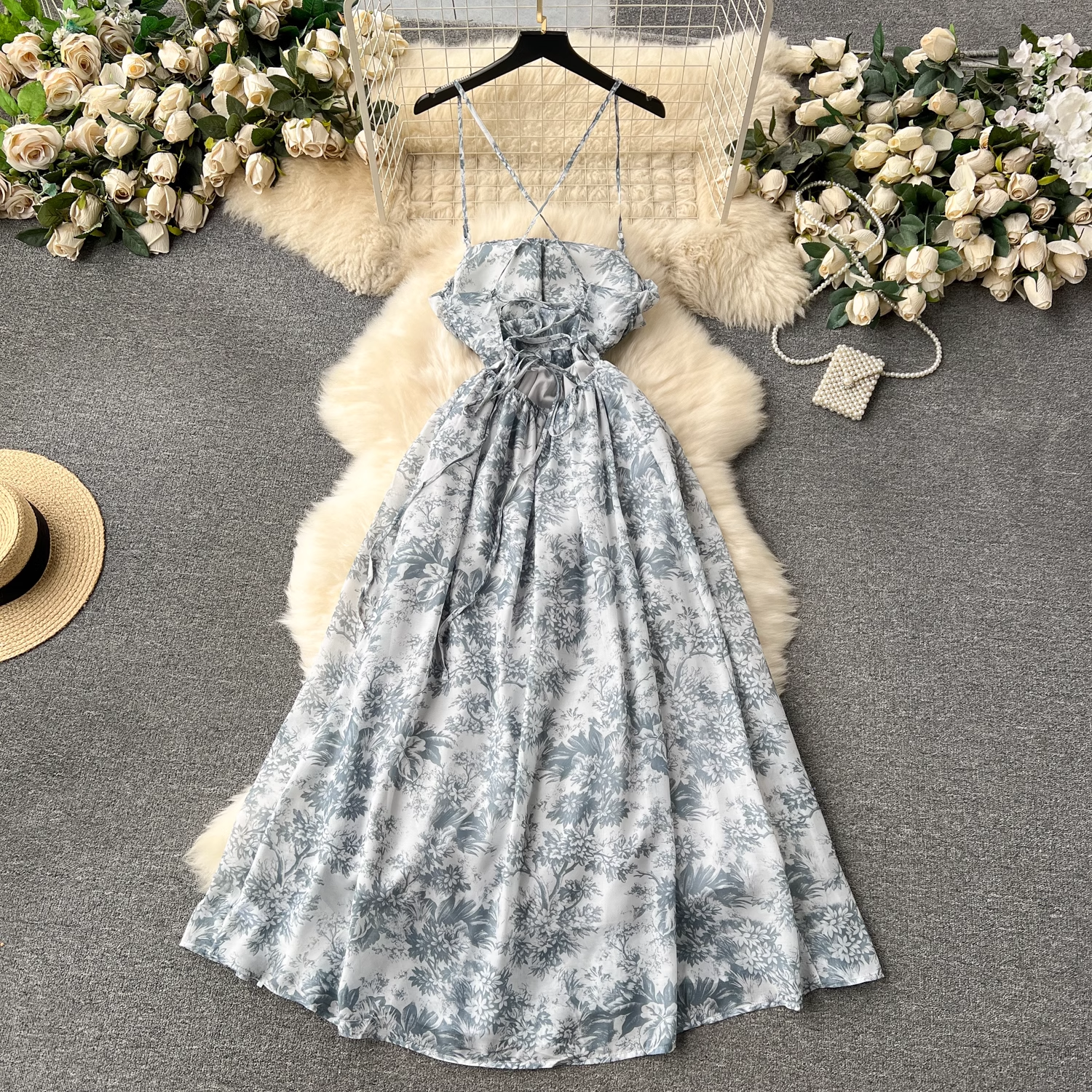 Sexy suspender skirt retro print vacation dress