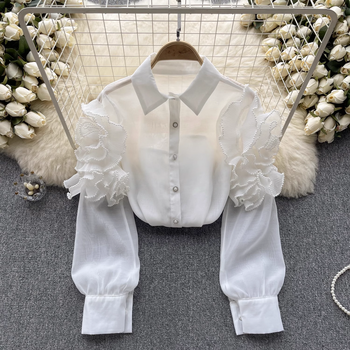 women's summer three-dimensional flower long sleeve mesh blouses