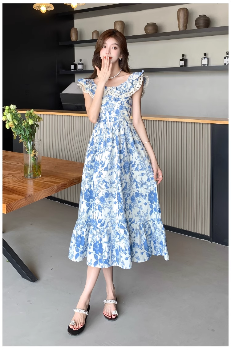 Women's summer blue oil painting floral dress