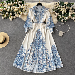 women's printed v neck long sleeve maxi dress