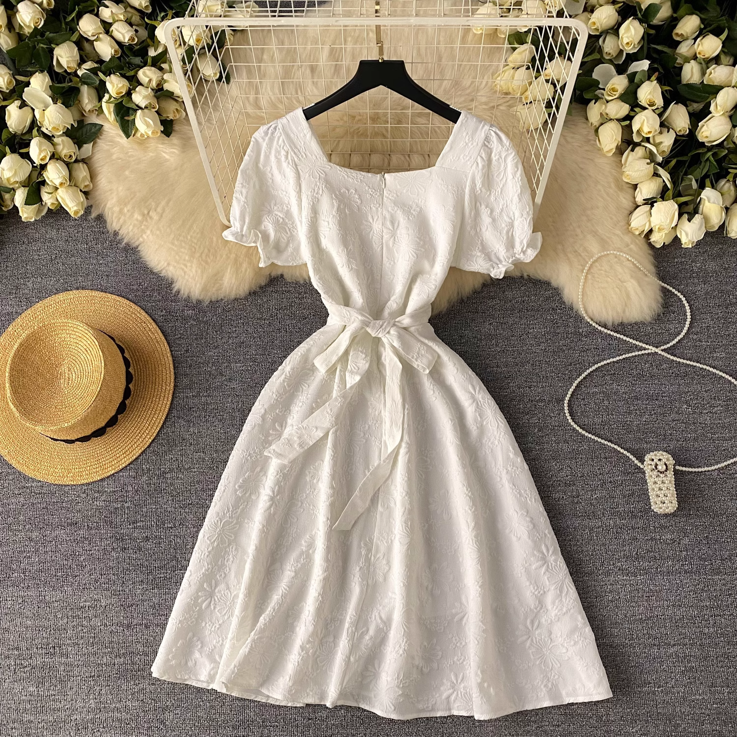 Summer new design twist square neck puff sleeve dress