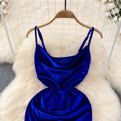 Royal Blue Spaghetti Straps Velvet Party Dress