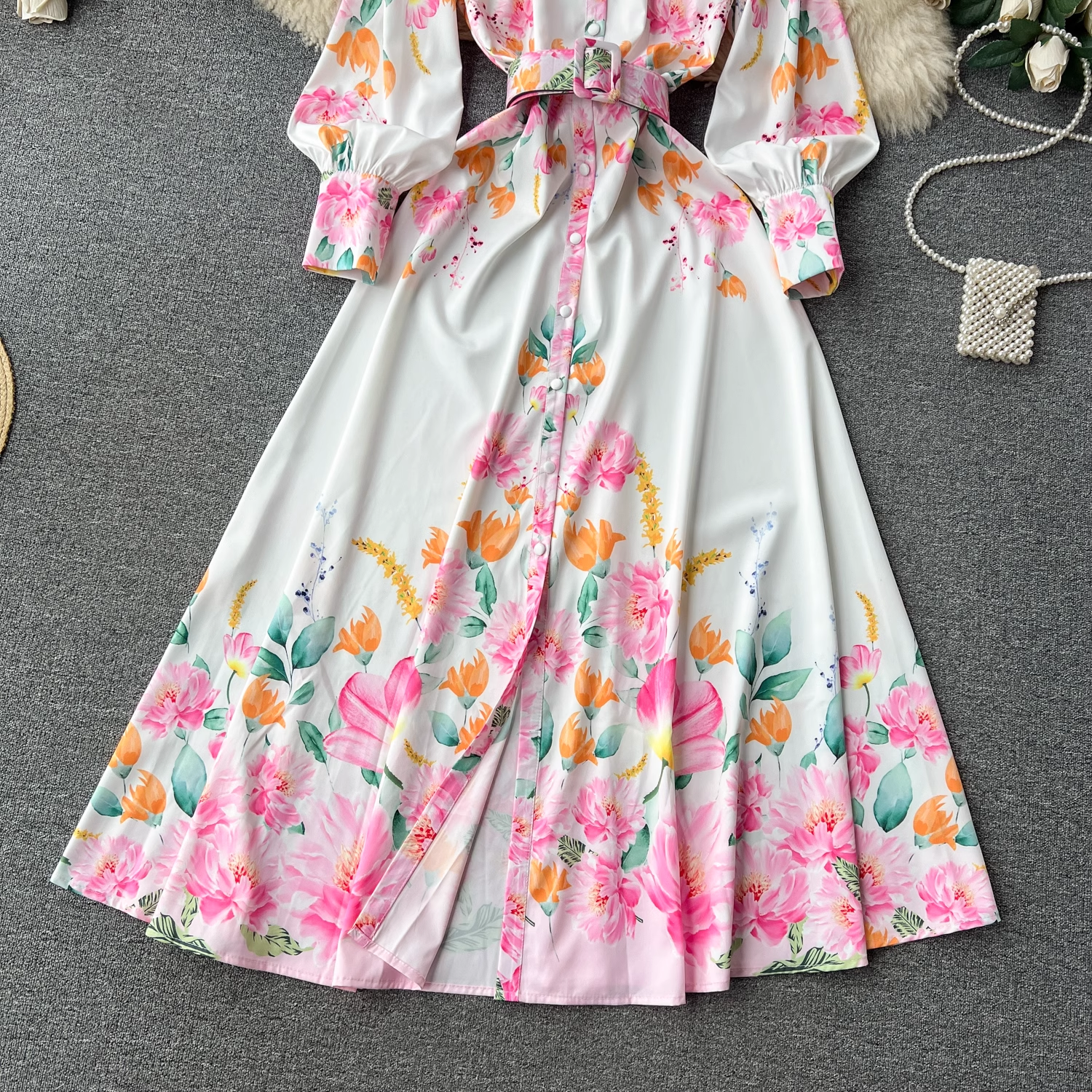 Lantern long-sleeved lapel single-breasted fashion print tie-waist elegant dress