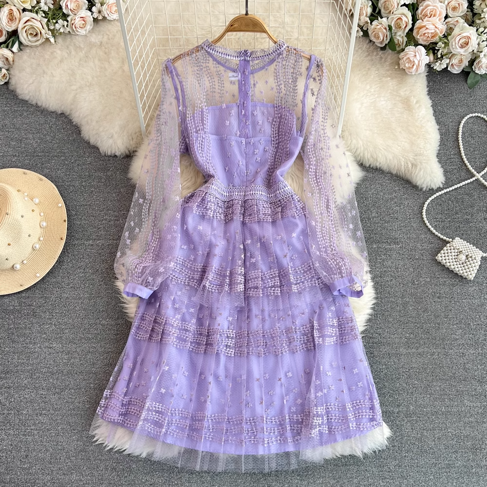 Retro court style round neck lace stitching waist A-line mesh embroidered dress,