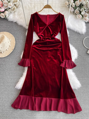 Autumn and winter trumpet long-sleeved V-neck mid-length red velvet dress Christmas annual party dress