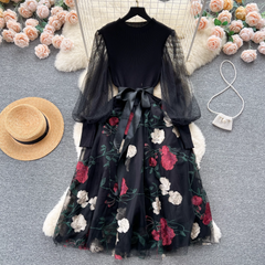 Women's knit stitching embroidery mesh dress