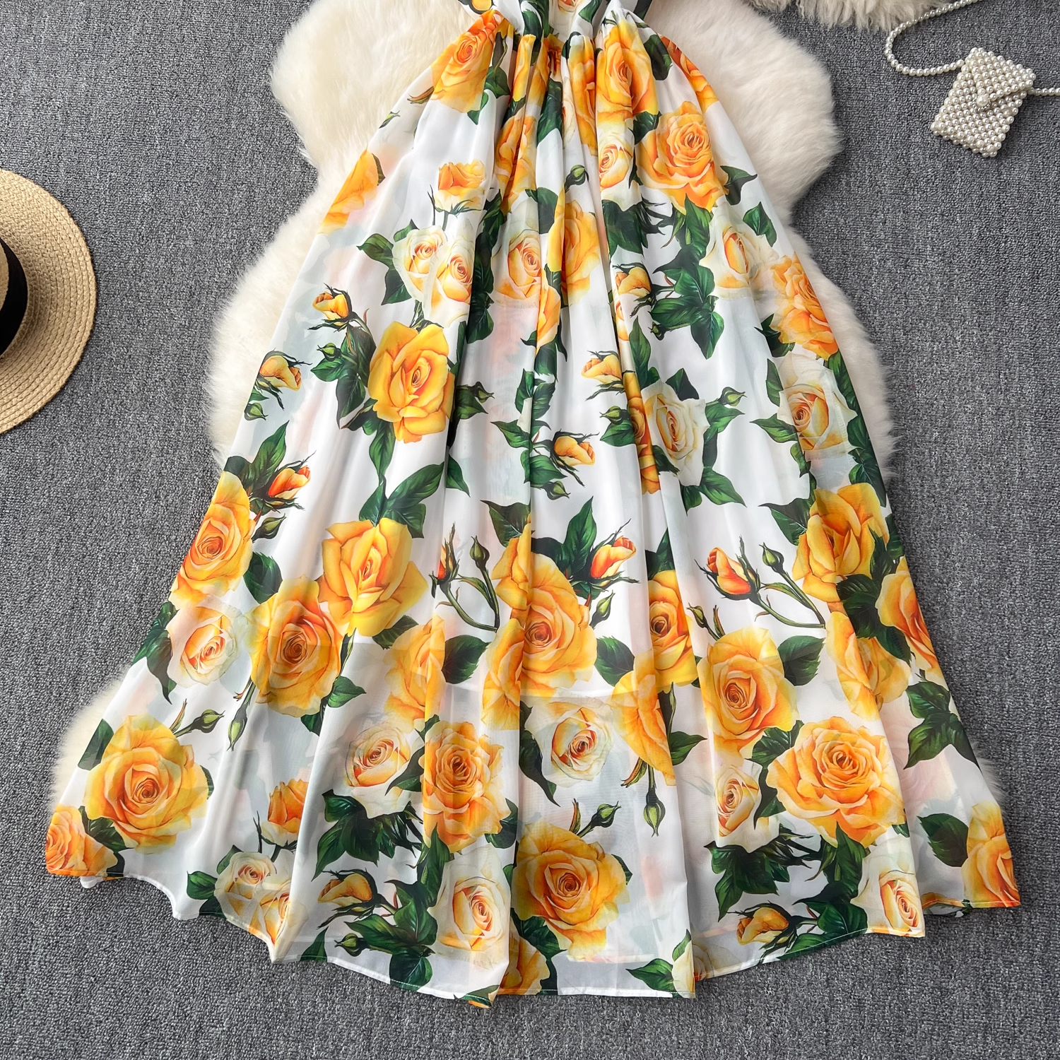 Summer new style French retro elegant printed suspender long dress