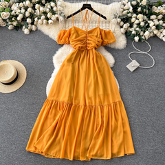 Women's summer strapless pleated dress with straps