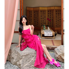 Hot pink Straps Dress For Women's Summer Seaside Holiday