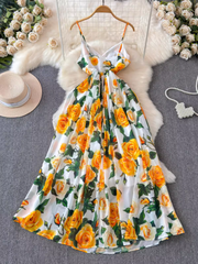 Retro palace style printed sleeveless suspender dress