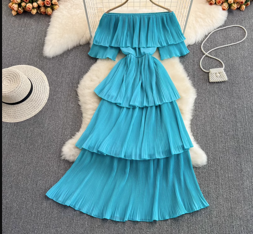 Off-the-shoulder strapless sweet ruffle maxi dress ,