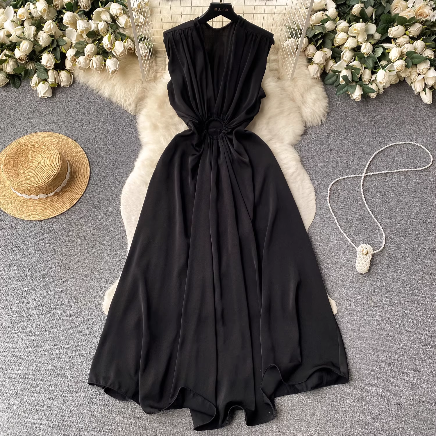 V-neck pleated waist hollow dress women summer dress ,