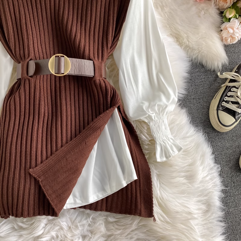 Long Shirt Tie Knit Vest Two-Piece Set,