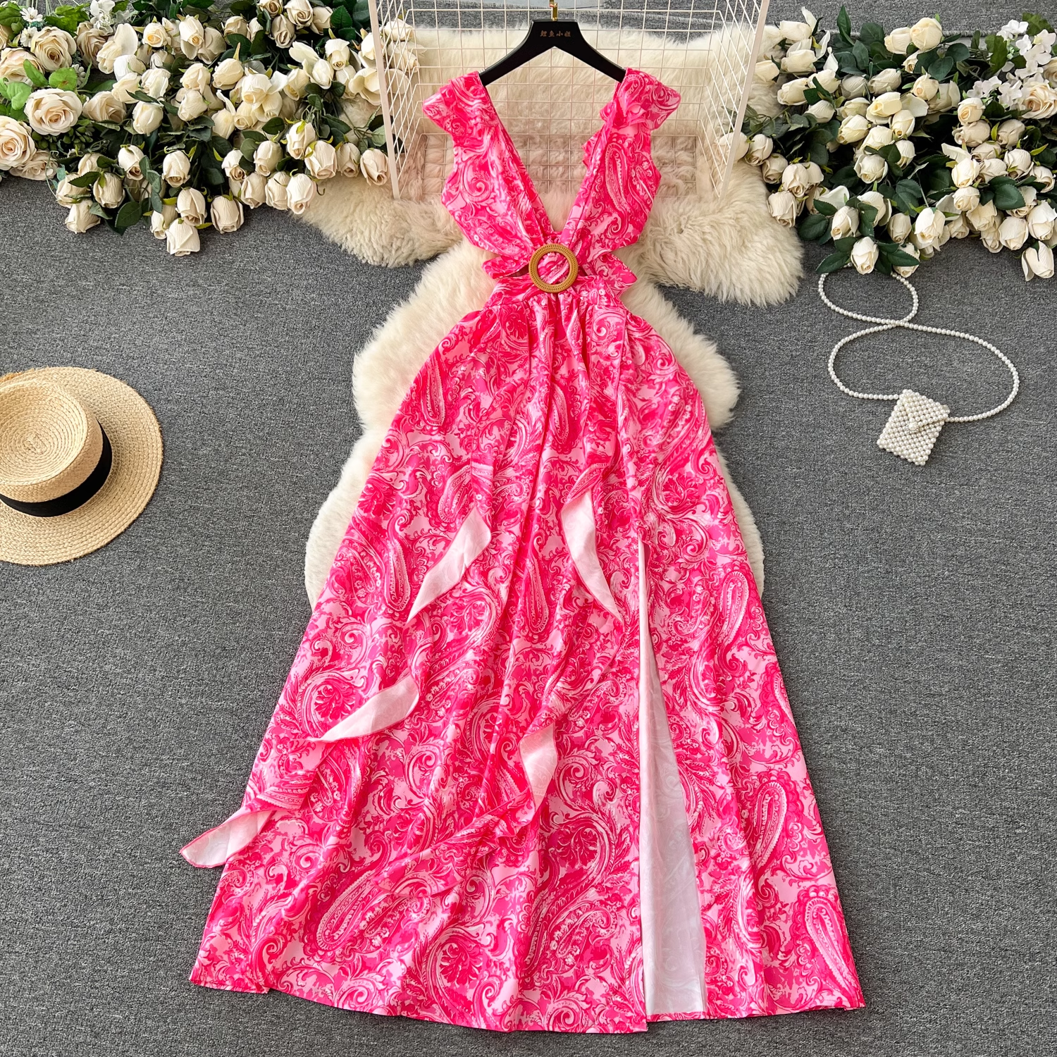 Women's summer floral suspender dress with ruffled slit