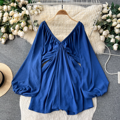 Sexy Deep V Neck Lantern Long Sleeve Dress for Women Vacation Dress