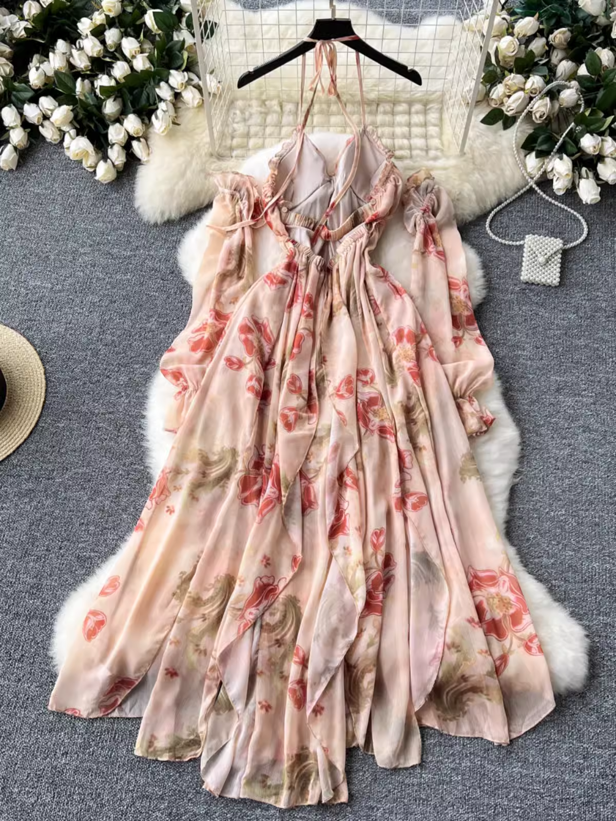 Irregular ruffled printed chiffon dress