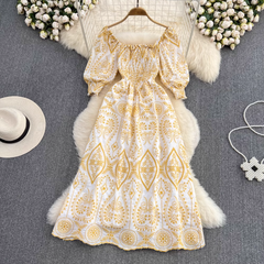 Retro square neck puff short-sleeved hollow embroidered A-line dress