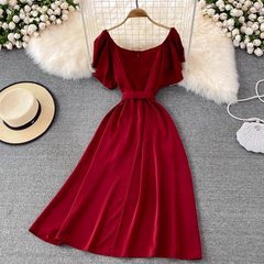 chic retro solid color ruffled mid-length square neck dress ,