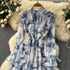 Retro elegant ink print chiffon dress