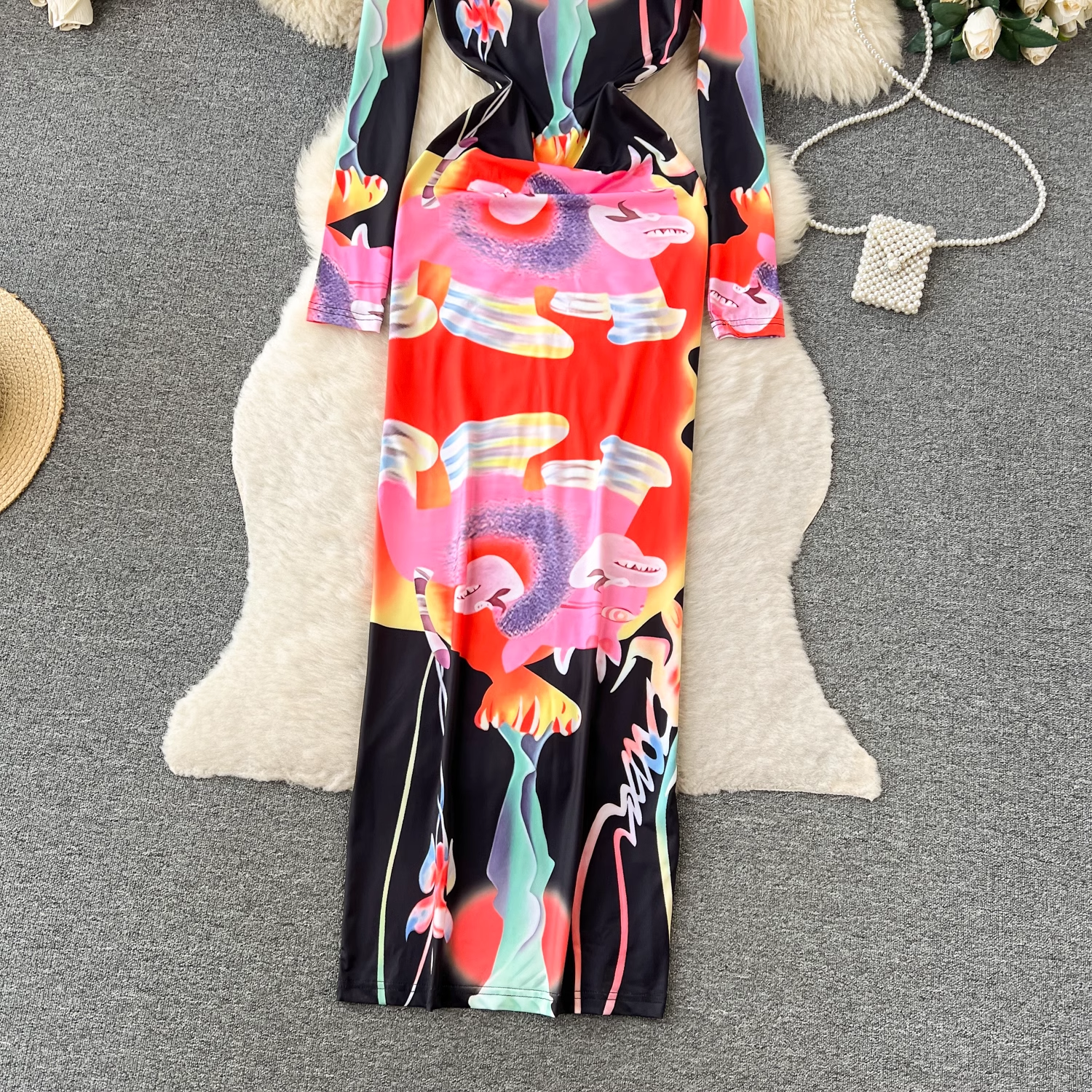 Retro fashion printed hip-hugging dress