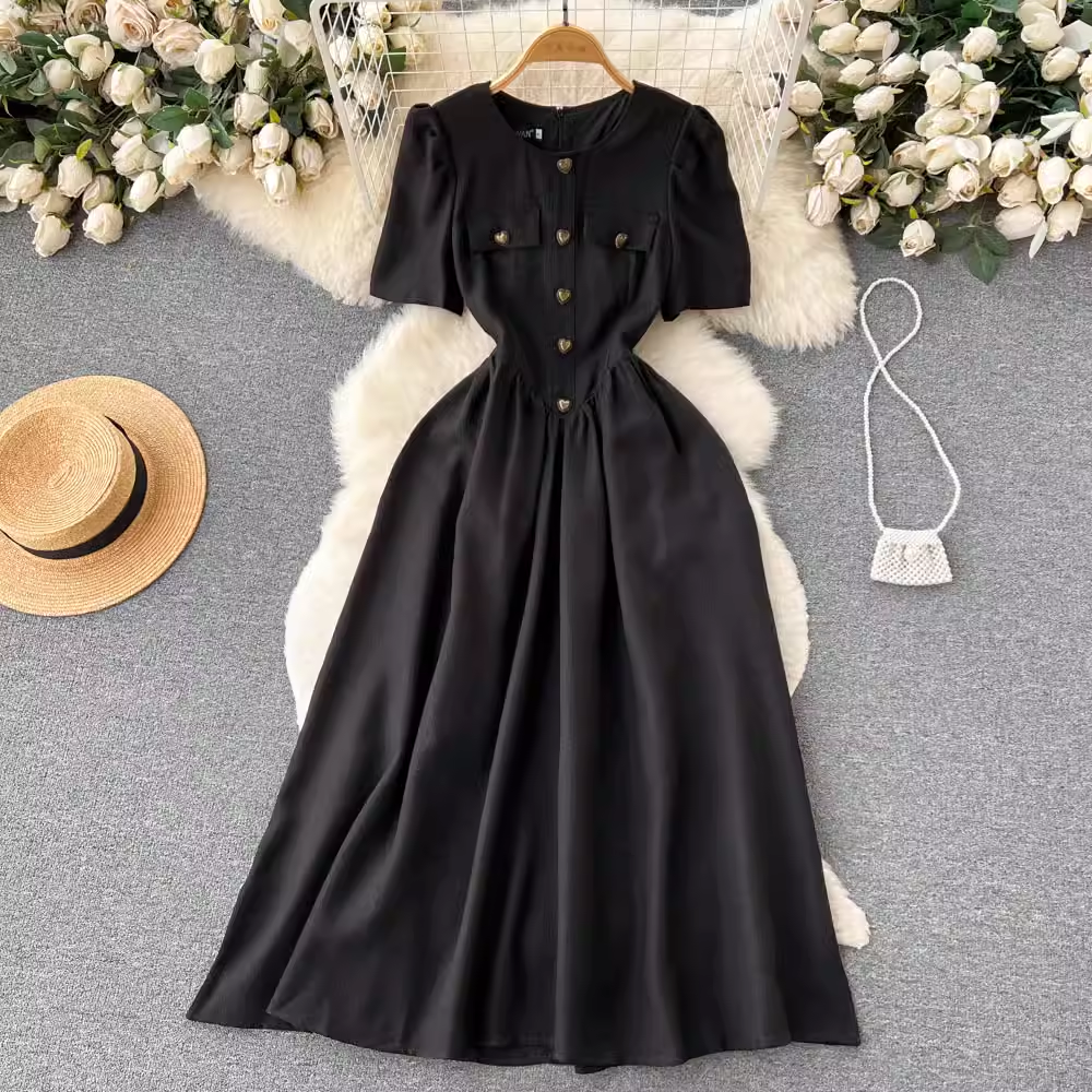 summer dress black short sleeve long dress