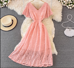 V-neck ruffle sleeve lace maxi dress,