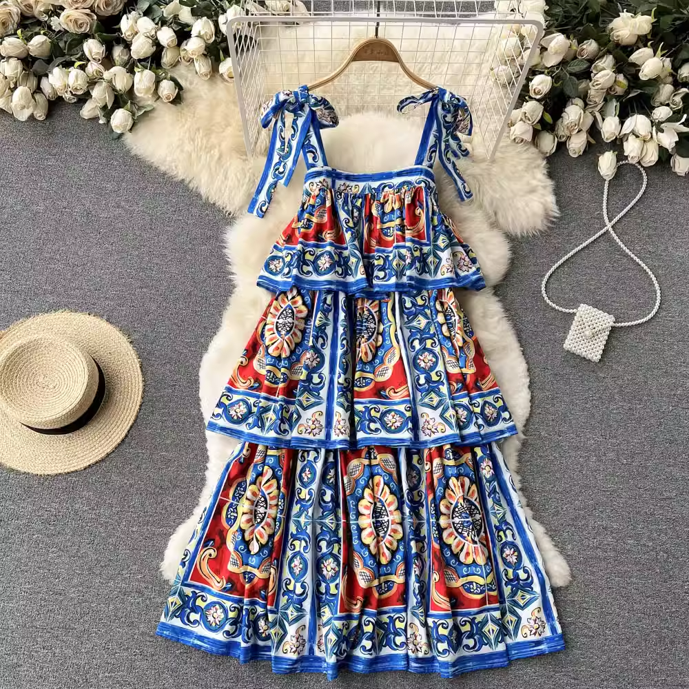 Printed Square Neck Slip Dress Summer Dress ,