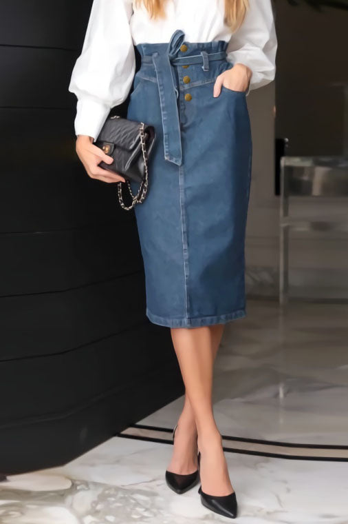 High Waist Tie A-Line Denim Midi Skirt