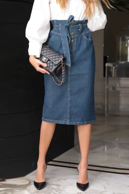 High Waist Tie A-Line Denim Midi Skirt