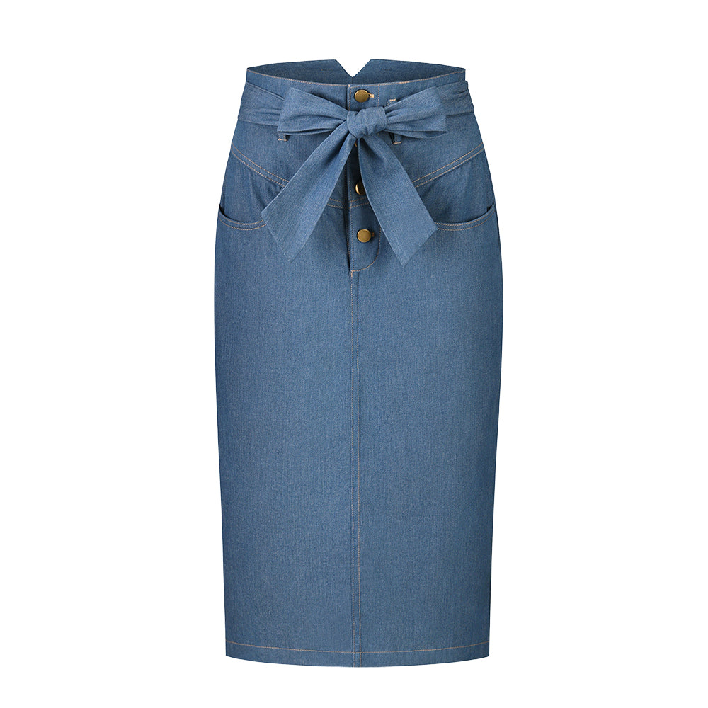 High Waist Tie A-Line Denim Midi Skirt