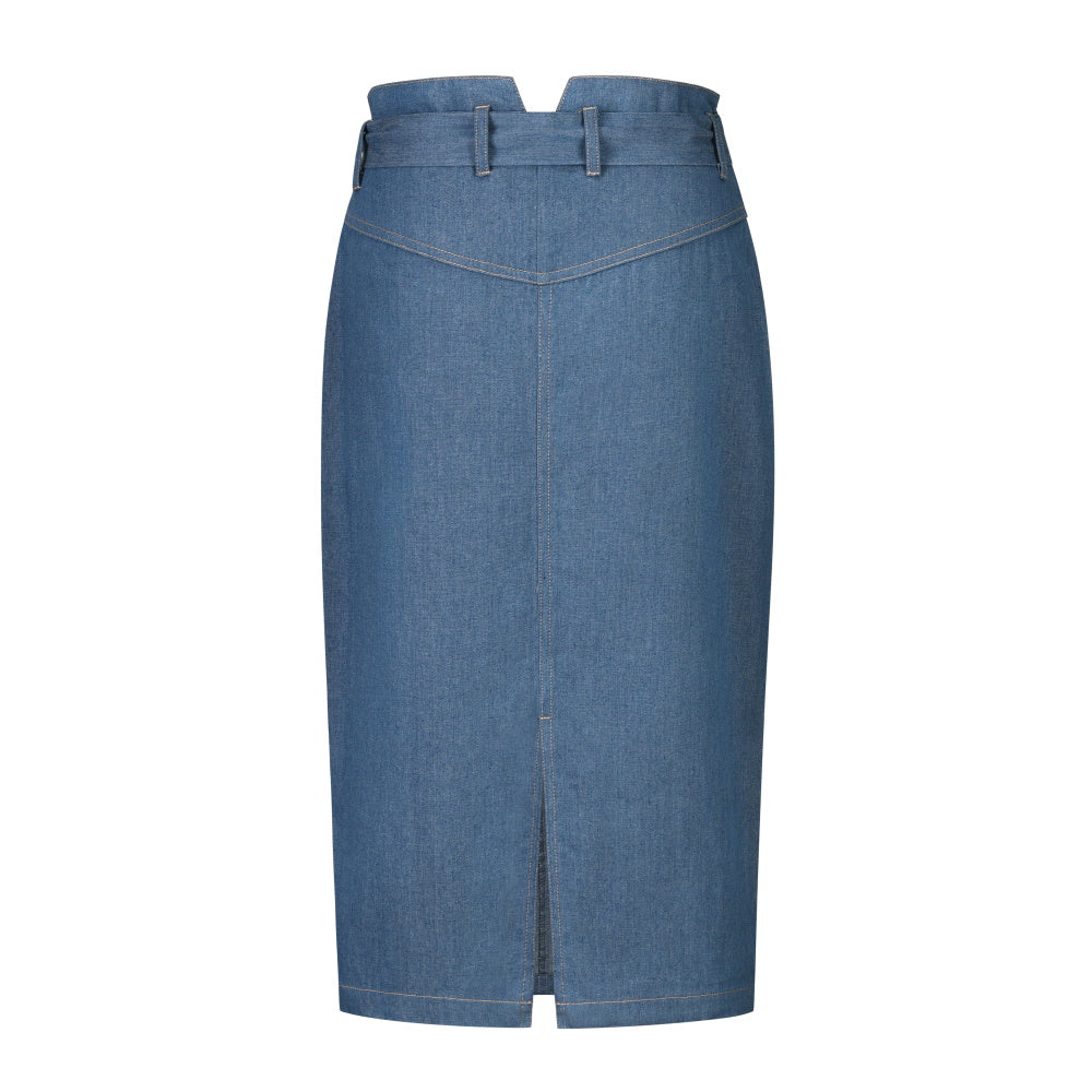 High Waist Tie A-Line Denim Midi Skirt