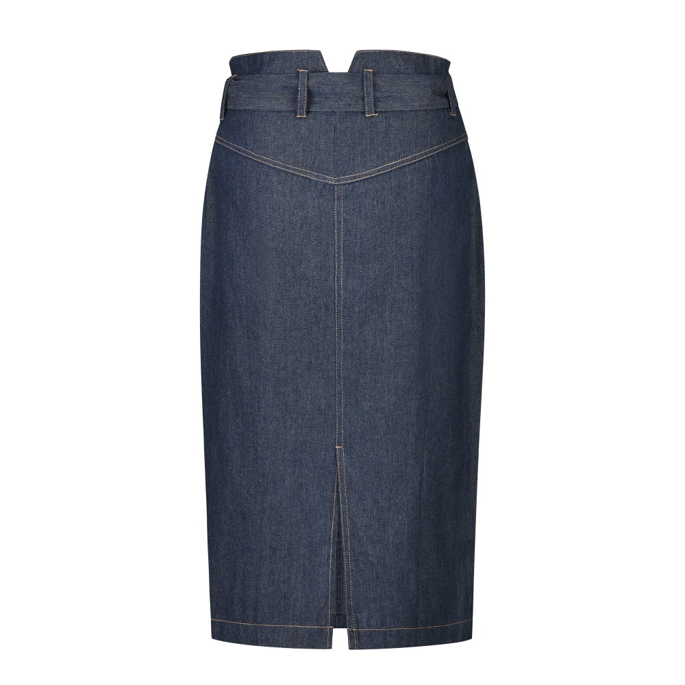 High Waist Tie A-Line Denim Midi Skirt