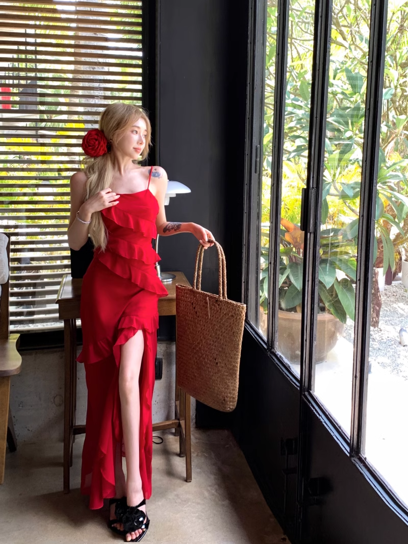 women's summer red suspender dress