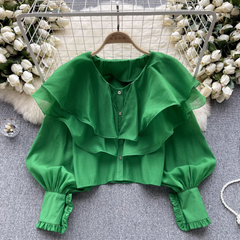 Women's autumn ruffled mesh shirt with lantern sleeves blouses