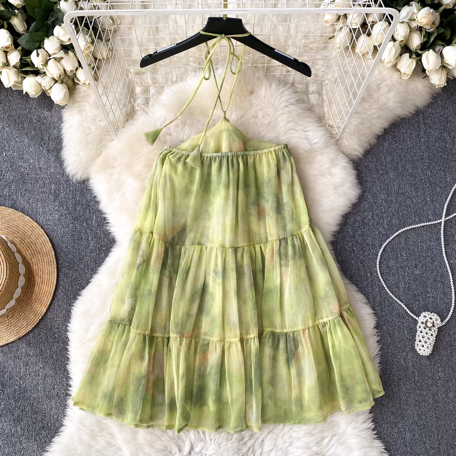 Summer holiday style chiffon halter neck blooming print dress